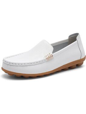 Women's White Comfortable Leather Mocs Boat Soild Walking Slip-On Loafer Shoes